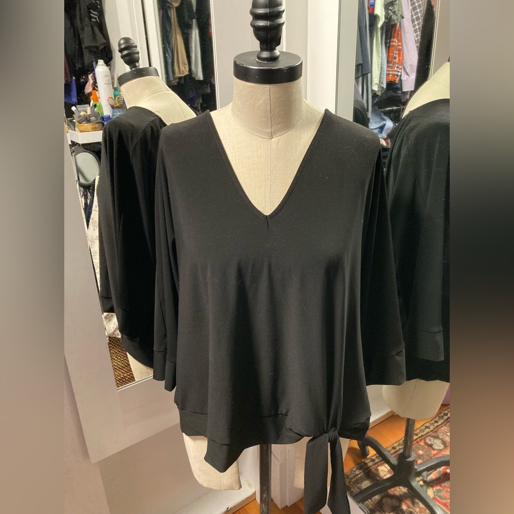 Chaus Black V-neck 3/4 Dolman Sleeve Tie Front Jersey Top, Size XL